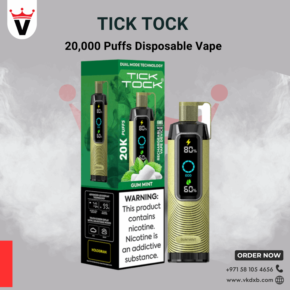 TICK TOCK 20000 PUFFS rechargeable disposable vape with gum mint flavor and digital display, available in Dubai.