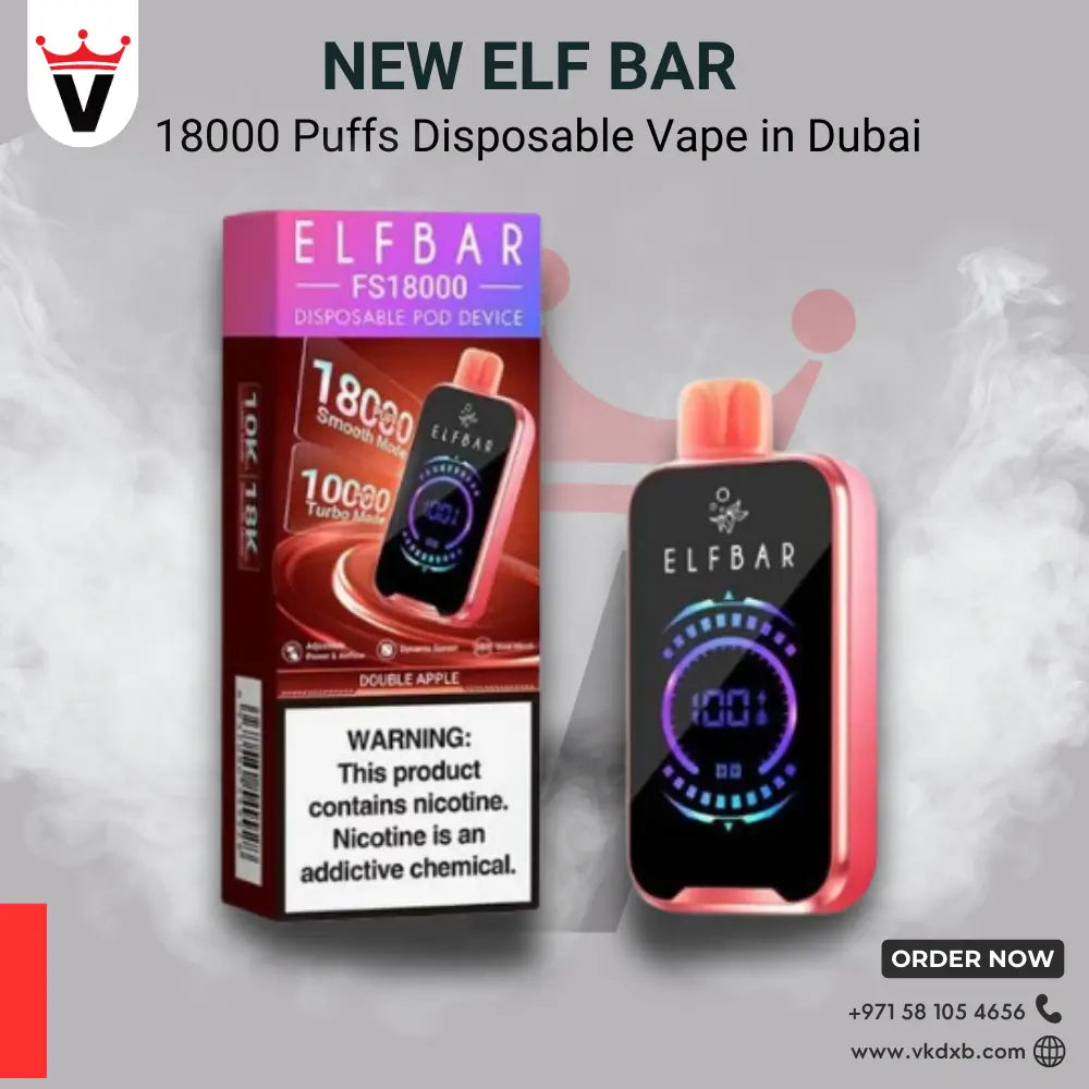 ElfBar 18000 Puffs disposable vape device in pink with digital display and packaging showing nicotine warning, available in Dubai.