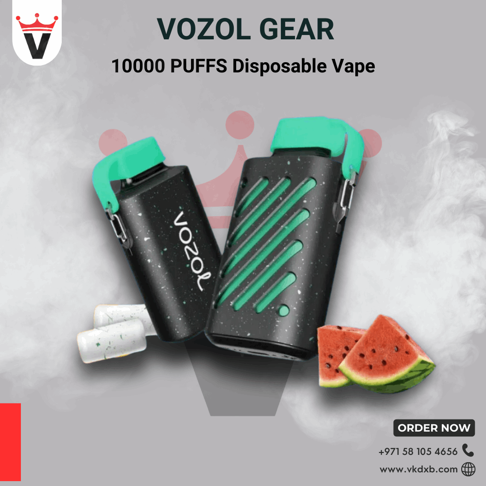 Two black and green Vozol Gear 10000 Puffs Disposable Vape devices with watermelon slices and vape smoke in the background.