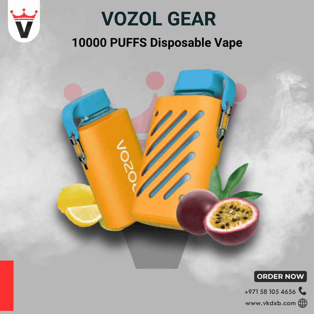 Orange Vozol Gear 10000 puffs disposable vape with blue mouthpiece and tropical fruit flavor accents, eco-friendly design and fast charging battery.