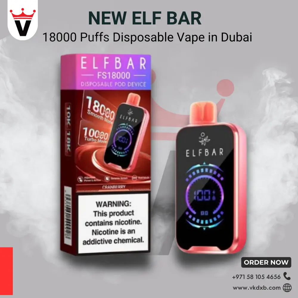 ElfBar 18000 Puffs disposable vape with 18ml e-liquid, 5% nicotine, dual mesh coil, adjustable airflow, and turbo boost, available in multiple flavors