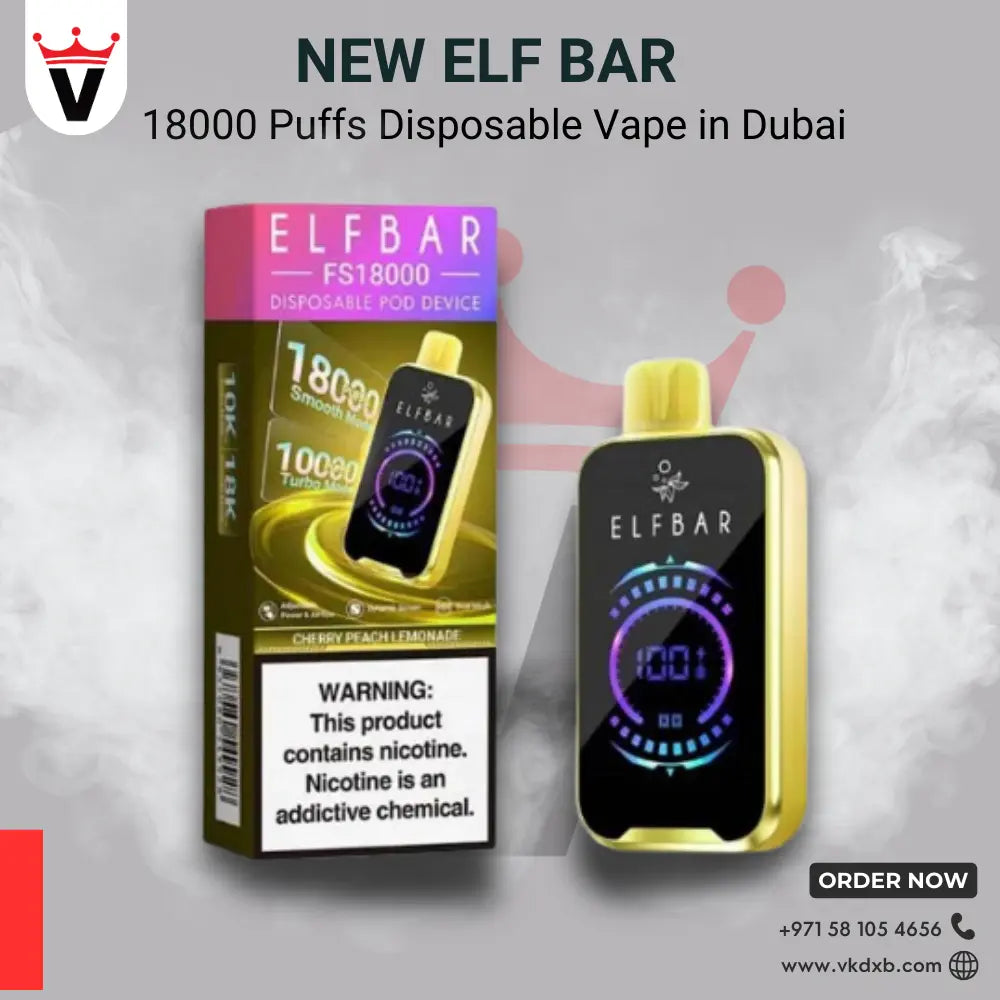 ElfBar 18000 Puffs disposable vape with digital display and Cherry Peach Lemonade flavor in gold and black color next to its purple and black packaging box.