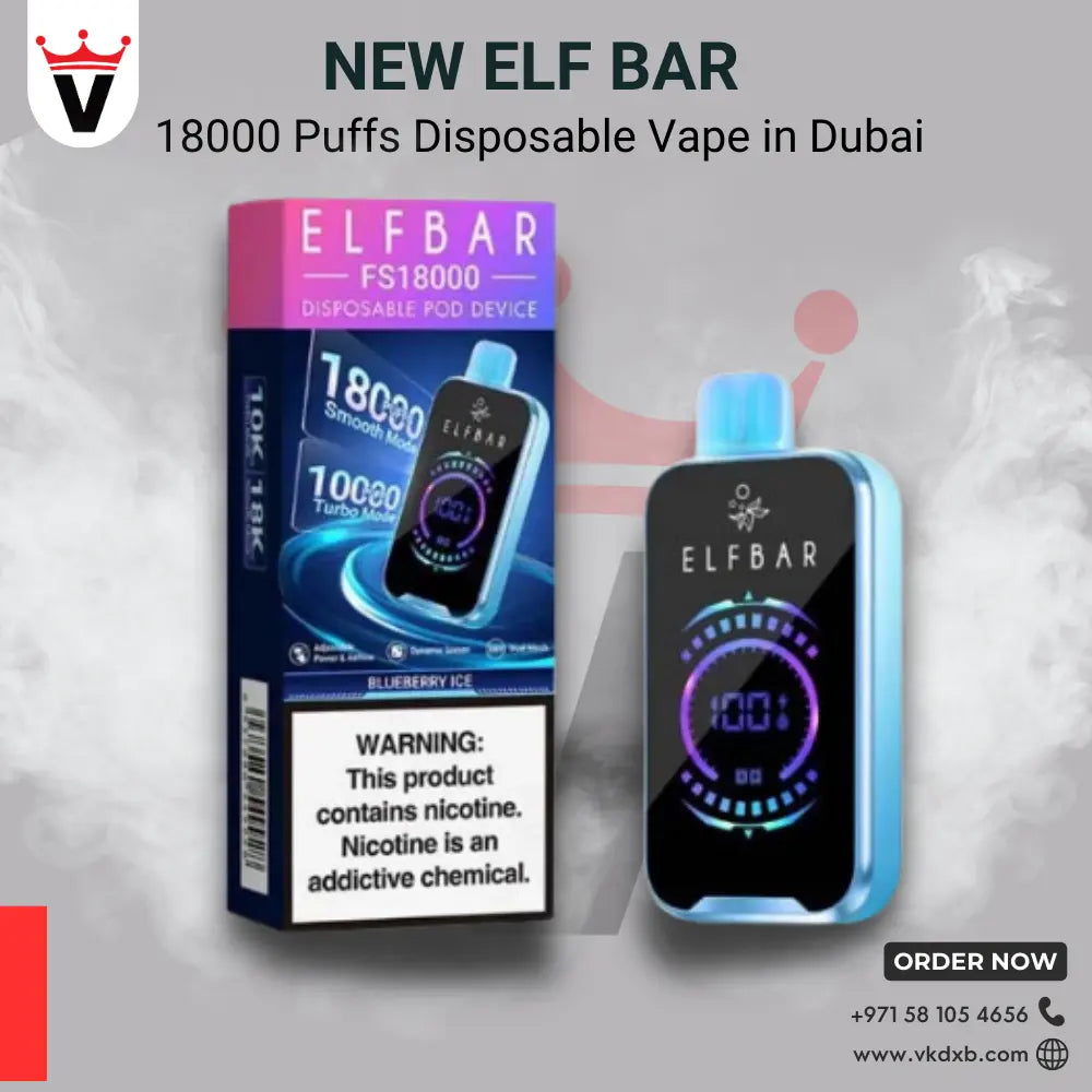 ElfBar 18000 Puffs disposable vape in Dubai with blueberry ice flavor, 18ml e-liquid, 5% nicotine, adjustable airflow, and turbo boost button.