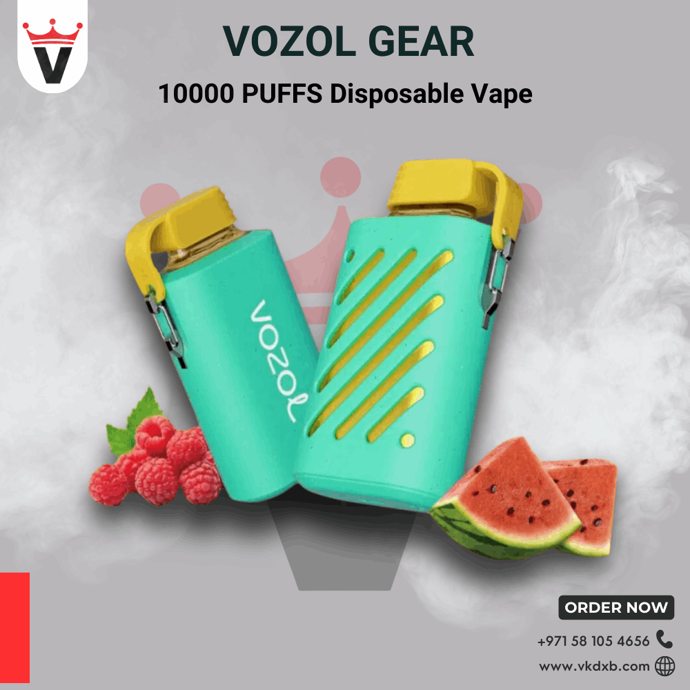 Vozol Gear 10000 puffs disposable vape with turquoise body and yellow cap, shown with raspberries and watermelon slices.