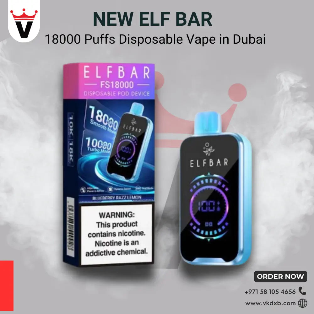 ElfBar 18000 puffs disposable vape with digital display and blueberry razz flavor in Dubai packaging