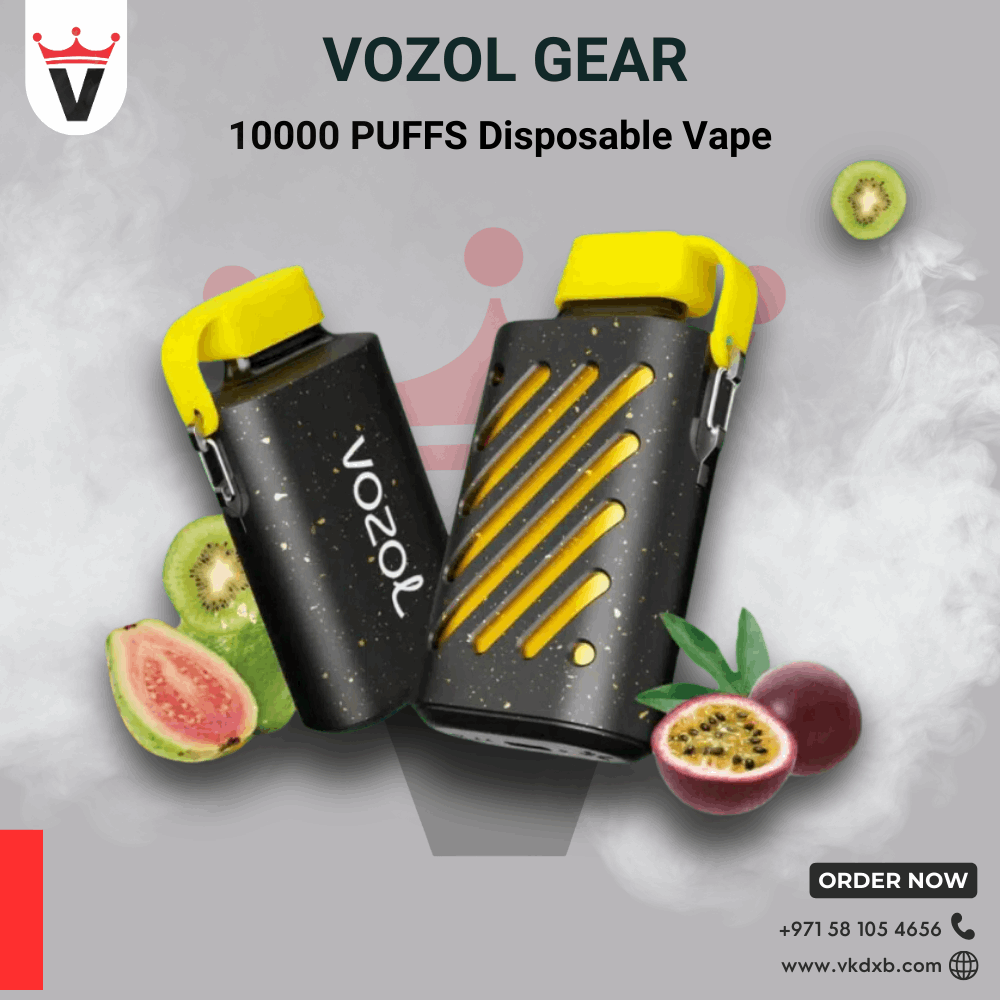 VOZOL GEAR 10000 Puffs Disposable Vape with sleek black and yellow design surrounded by tropical fruit and vape smoke background.