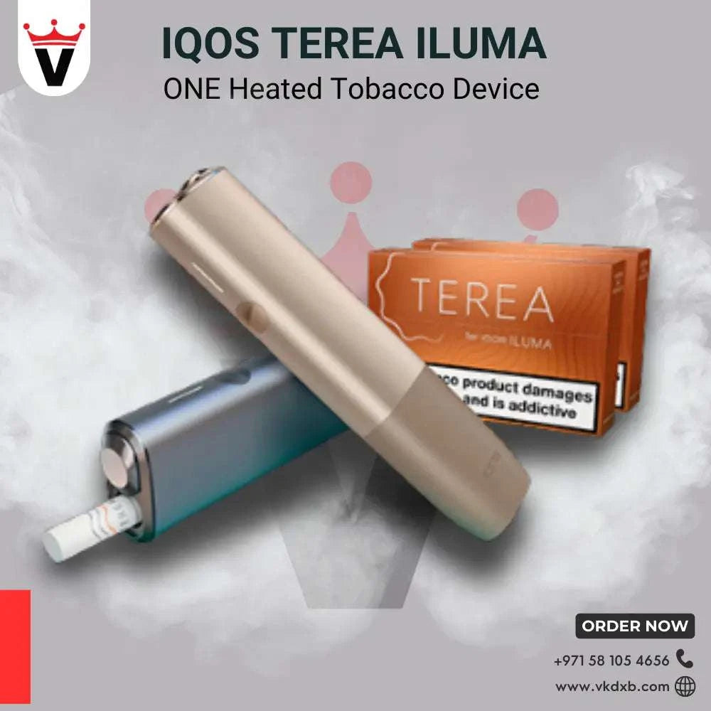 IQOS Terea ILUMA heated tobacco device with sleek design and orange Terea tobacco stick pack on smoky background