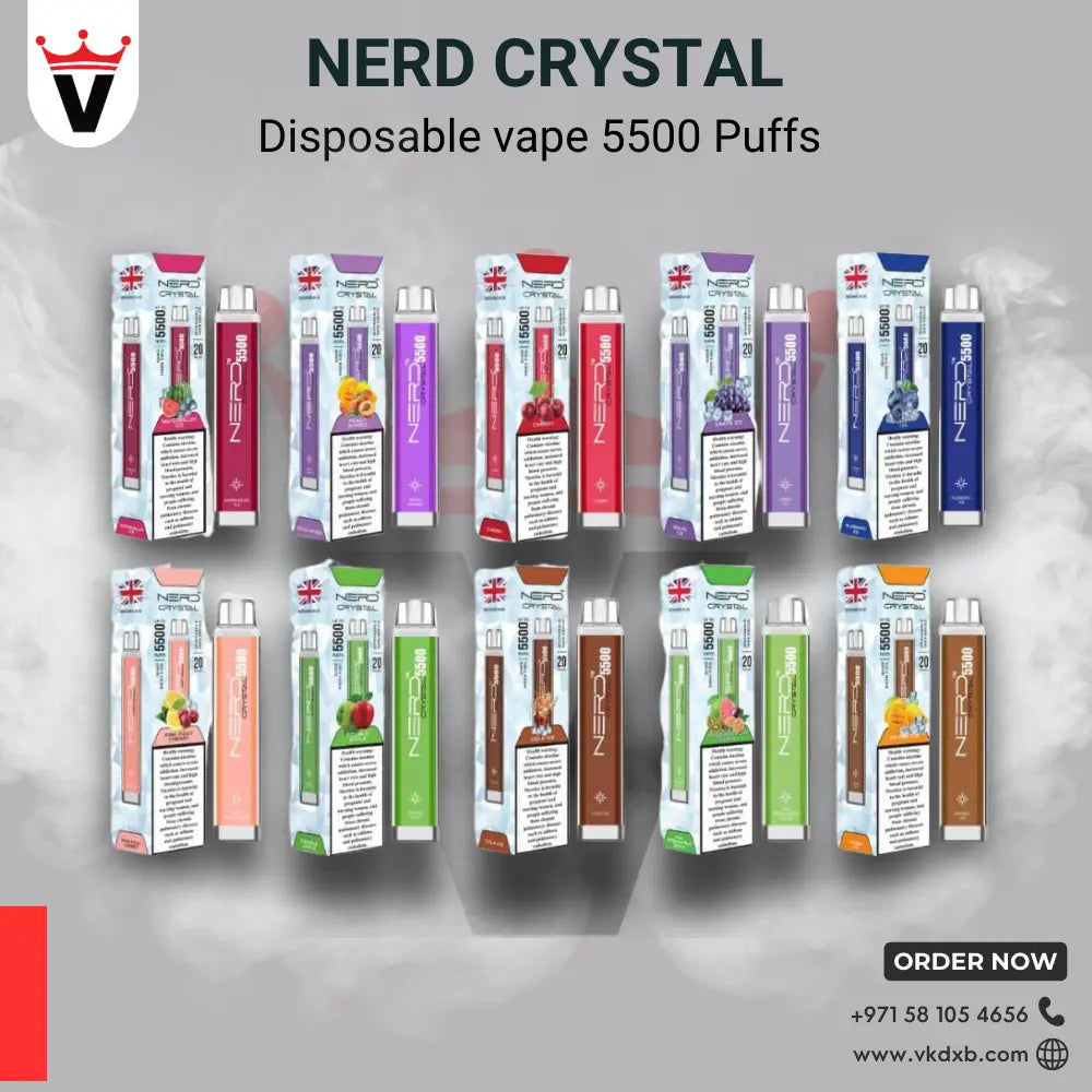 NERD Crystal disposable vape 5500 puffs assorted flavors with sleek design and nicotine dose, available in Dubai vape stores.