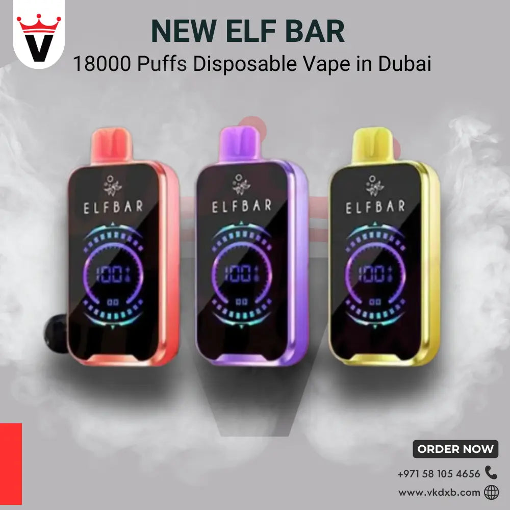 ElfBar 18000 Puffs disposable vapes in red, purple, and yellow with digital display, available in Dubai.