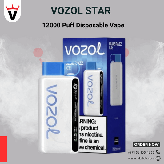 Vozol Star 12000 Puffs disposable vape with blue razz ice flavor and sleek white design against a smoky gray background