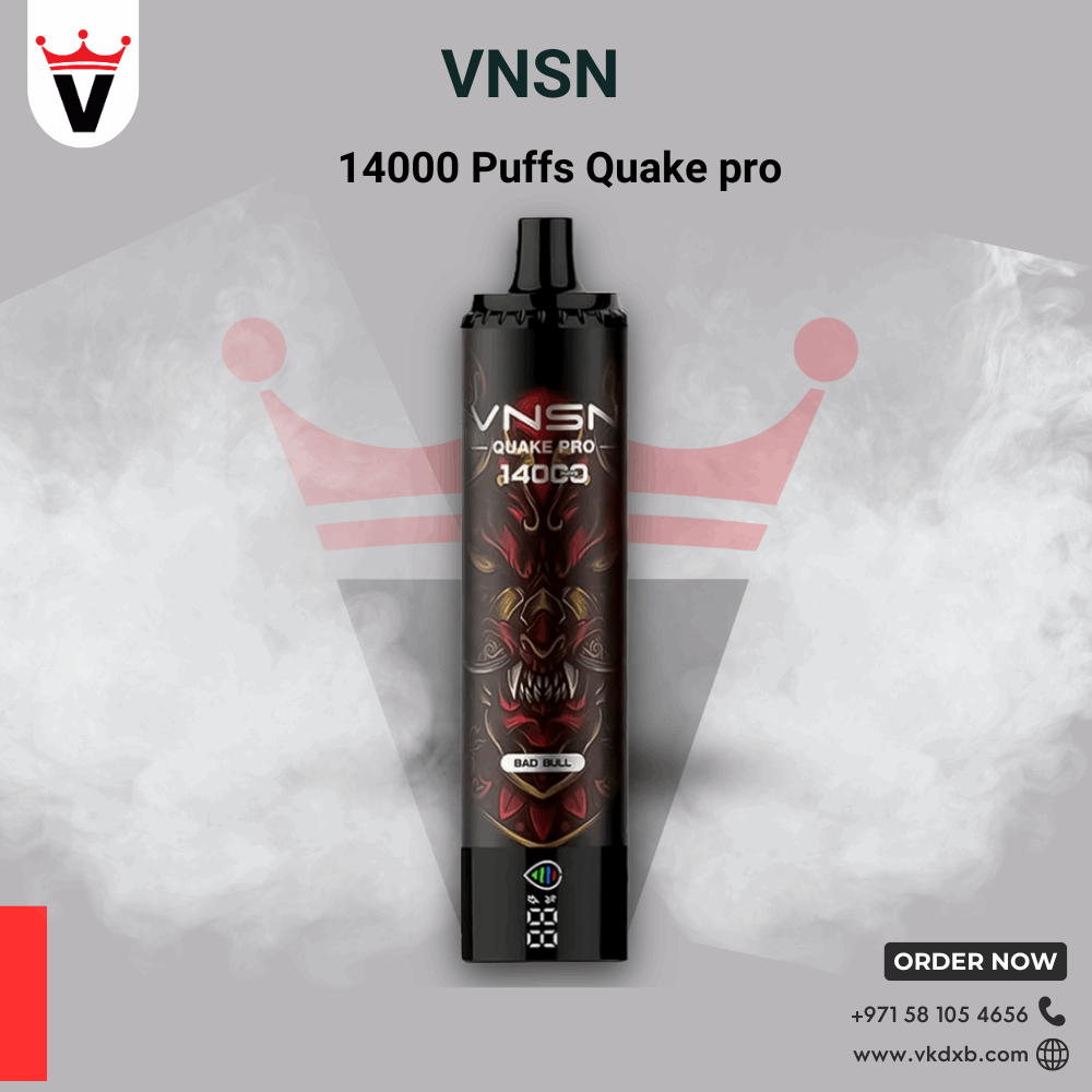 VNSN Quake Pro 14000 PUFFS Disposable vape with Bad Bull flavor, sleek black design, and digital puff counter.
