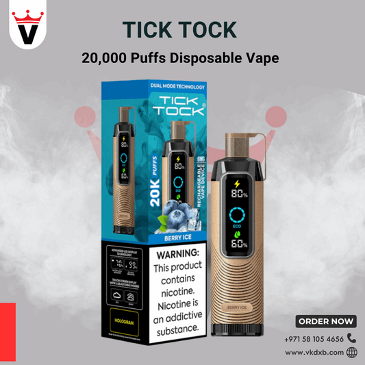 TICK TOCK 20000 PUFFS disposable vape in Berry Ice flavor with rechargeable battery and digital display, long-lasting vaping device.