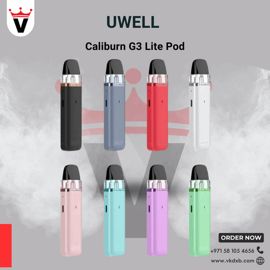 Uwell Caliburn G3 Lite 25W pod system in multiple colors with 1200mAh battery, anti-leak technology, and easy refill features.