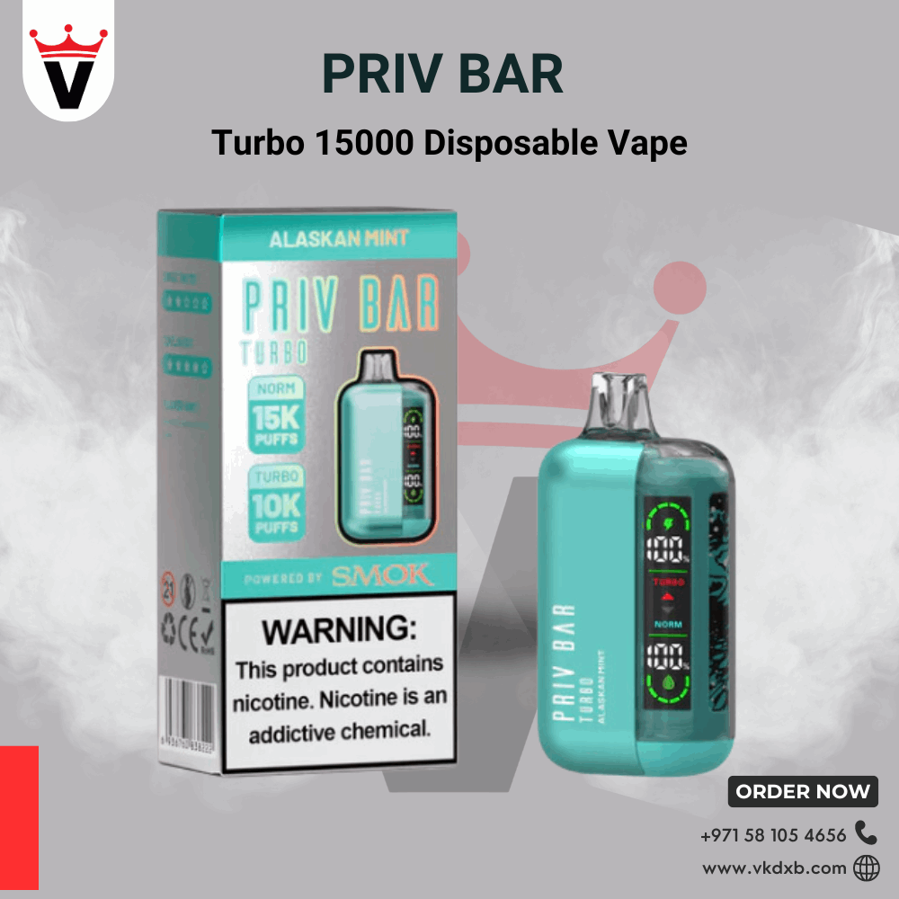 Priv Bar Turbo 15000 puffs disposable vape in Alaskan Mint flavor with adjustable airflow and LED display.