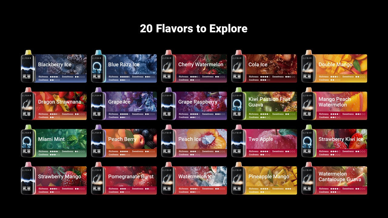 Display of 20 vape juice flavor options with colorful packaging on a black background.