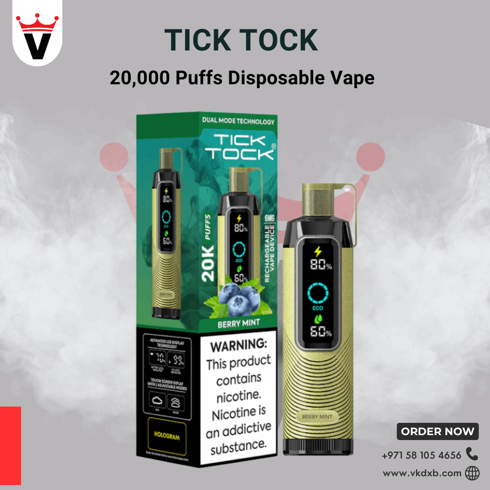 TICK TOCK 20000 PUFFS Berry Mint disposable vape with rechargeable battery and dual mesh coils in Dubai packaging