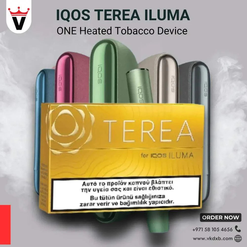 IQOS Terea ILUMA heated tobacco device with colorful sticks and yellow TEREA packaging for vaping in Dubai