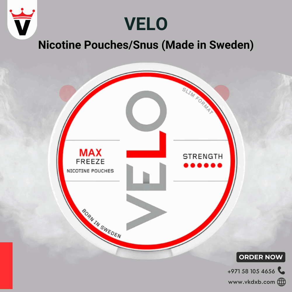 VELO Nicotine Pouches Max Freeze slim white round container with red accents, high strength tobacco-free nicotine alternative from Sweden.