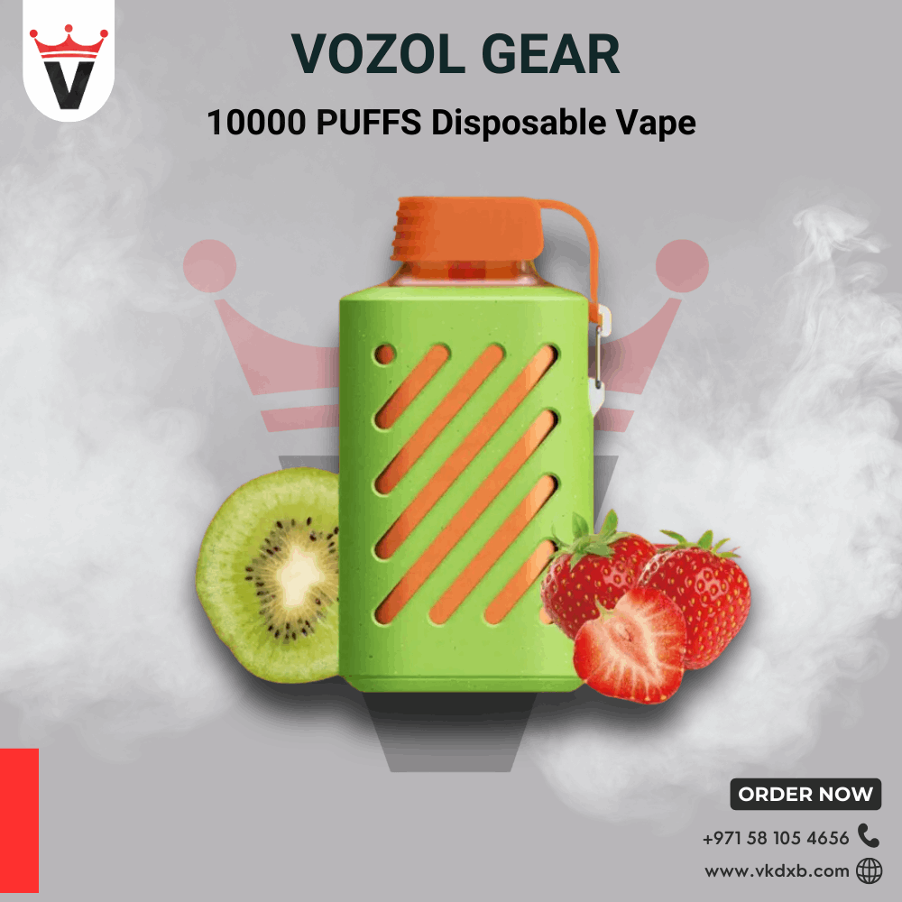 Vozol Gear 10000 Puffs Disposable Vape with kiwi and strawberry flavor, eco-friendly design, and fast-charging battery.