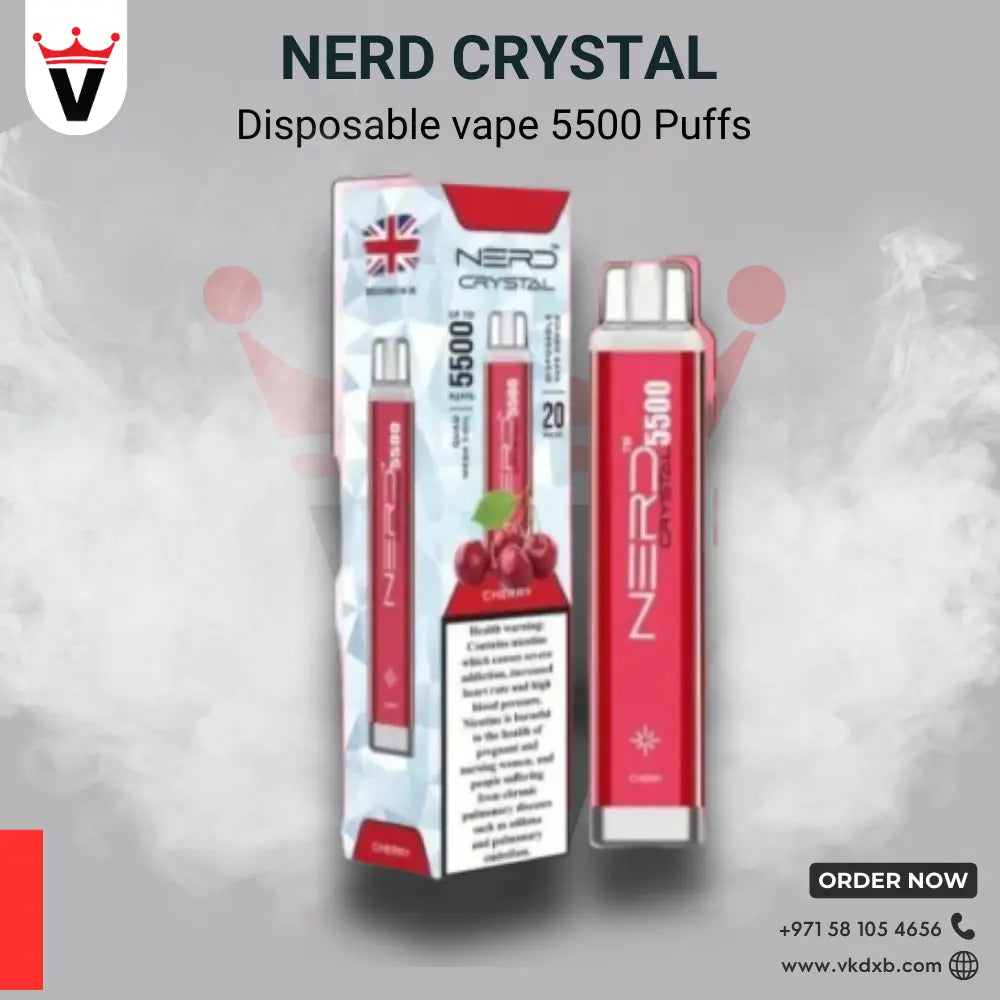 NERD Crystal disposable vape 5500 puffs cherry flavor with red sleek design and UK flag on packaging against smoky background