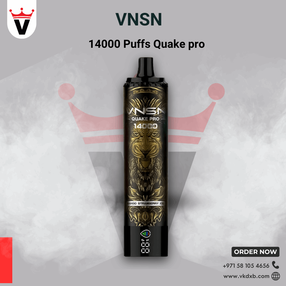 VNSN Quake Pro 14000 PUFFS Disposable vape in black with tiger design and mango strawberry ice flavor packaging displayed on smoky background