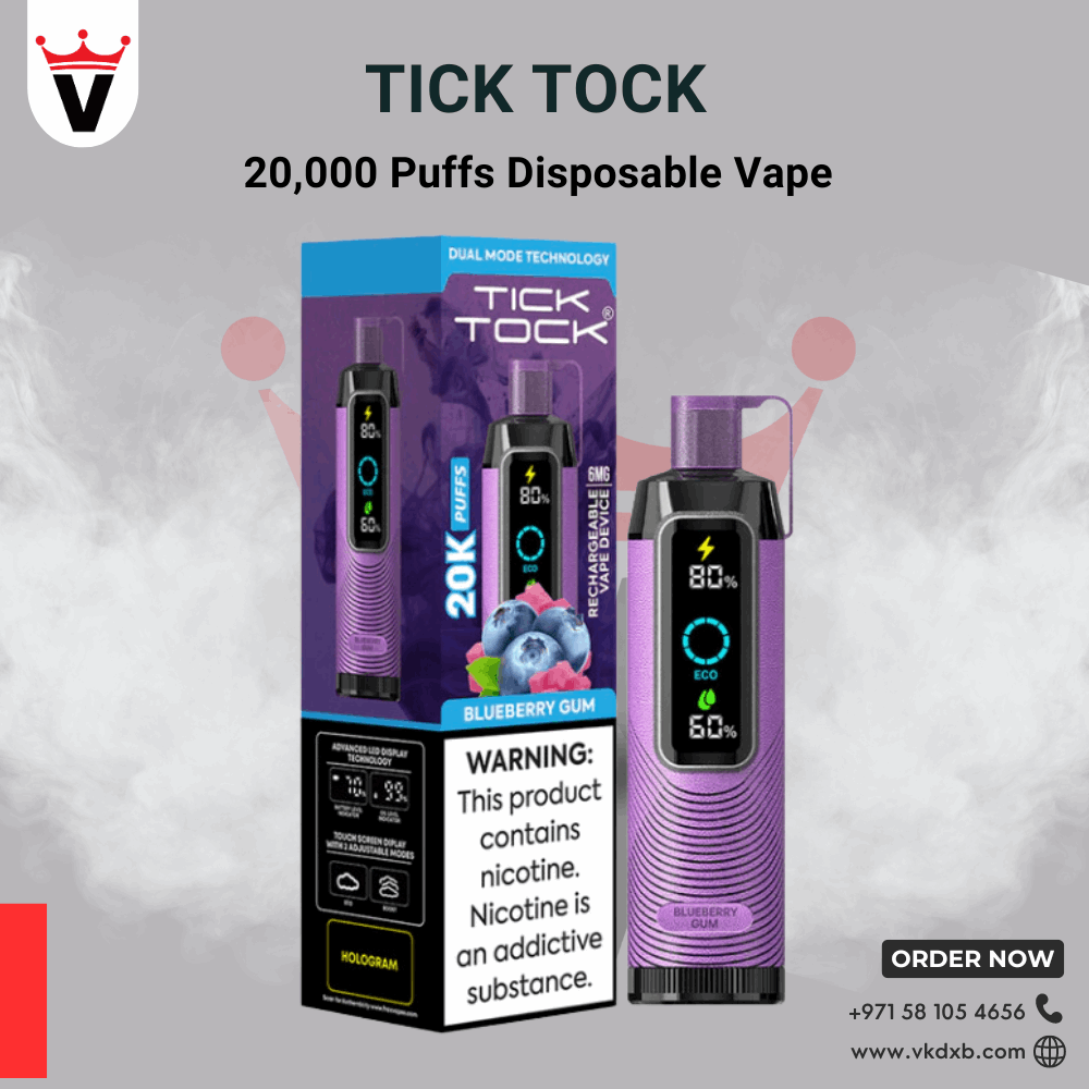 TICK TOCK 20000 PUFFS disposable vape with rechargeable battery and blueberry gum flavor, featuring dual mesh coils and 28ml e-liquid capacity.