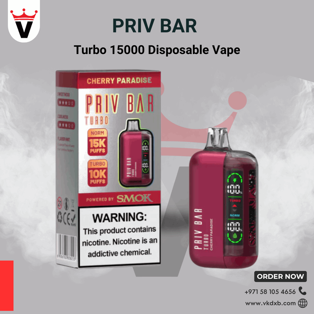 Priv Bar Turbo 15000 Puffs disposable vape in cherry flavor with adjustable airflow and LED display.