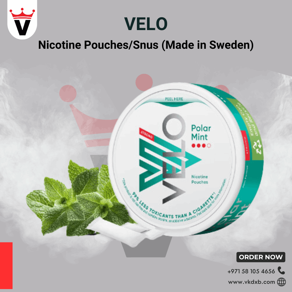 VELO Nicotine Pouches Polar Mint flavor with fresh mint leaves, tobacco-free and smoke-free alternative from Sweden, packaged in a round white and teal container.