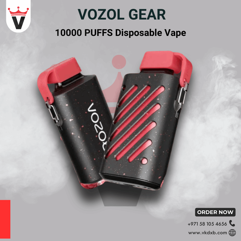 Vozol Gear 10000 Disposable Vape with red and black design, offering long-lasting puffs and eco-friendly materials.
