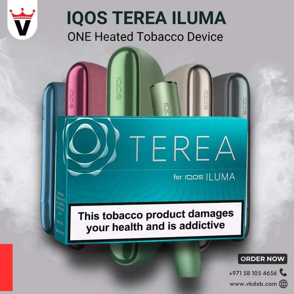 IQOS Terea ILUMA heated tobacco sticks in multiple colors with health warning and vape king Dubai branding