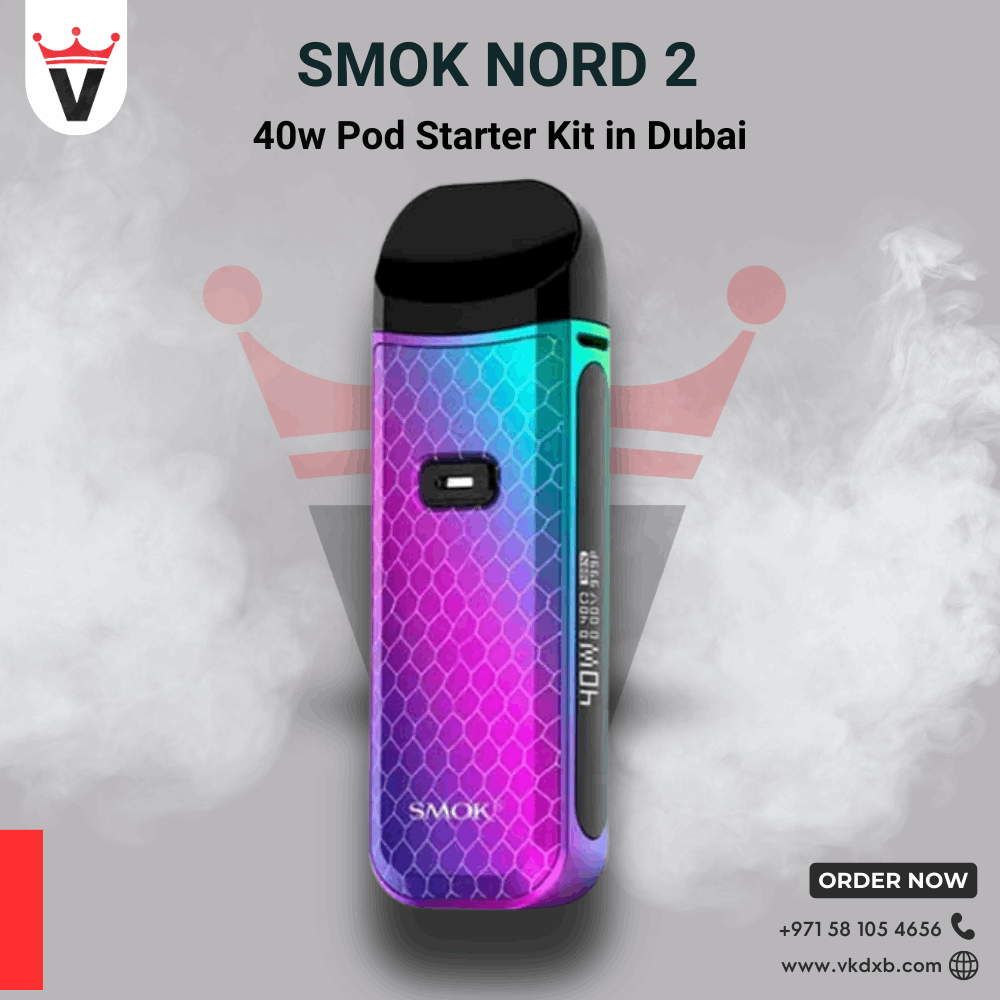 Smok Nord 2 40w pod starter kit in colorful gradient design with OLED display against smoky background
