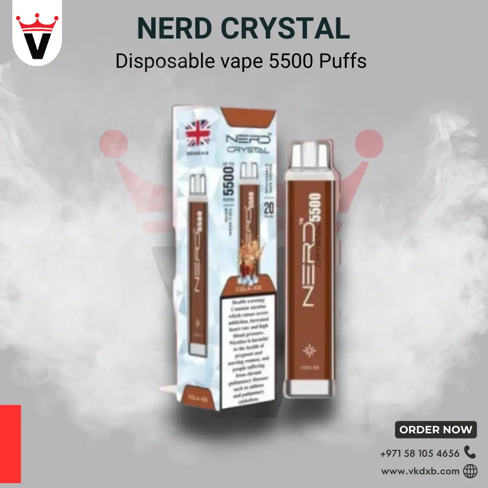 NERD Crystal disposable vape with 5500 puffs in cola flavor, sleek design, and UK origin, available in Dubai.