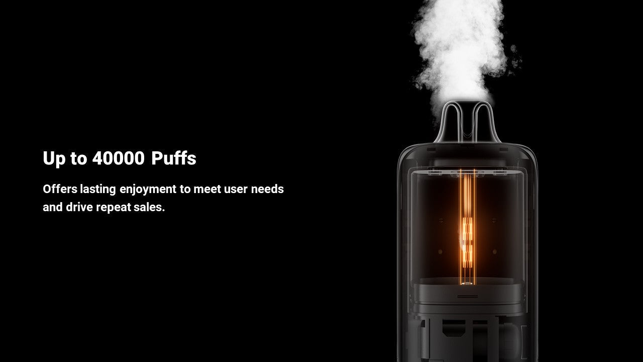 Vape device with steam on a black background and text about puffs and user enjoyment. elfbar moonnight