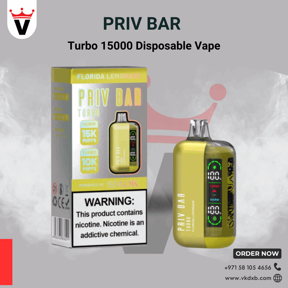 Priv Bar Turbo 15000 puffs disposable vape device in yellow with adjustable airflow and LED display, shown with Florida Lemonade flavor packaging.