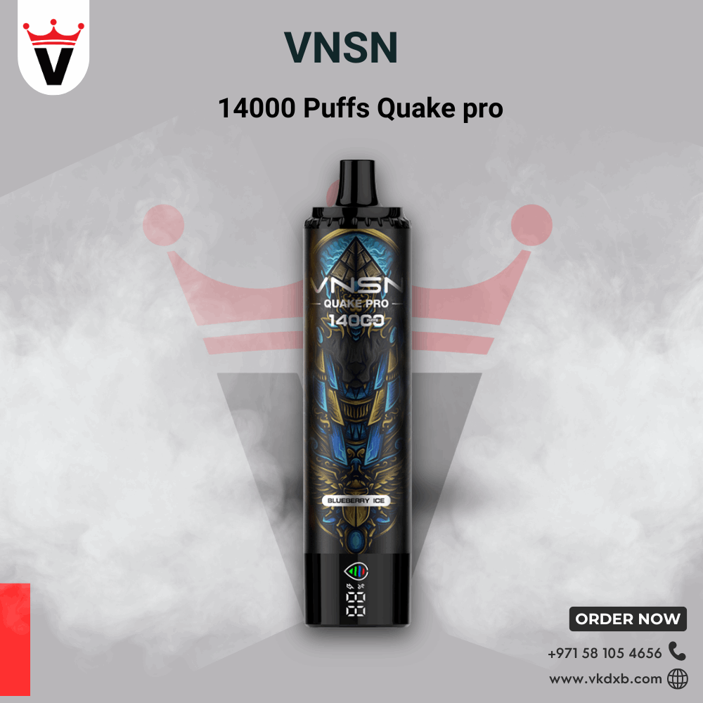 VNSN Quake Pro 14000 puffs disposable vape in Blueberry Ice flavor with sleek black and blue design and long-lasting battery.