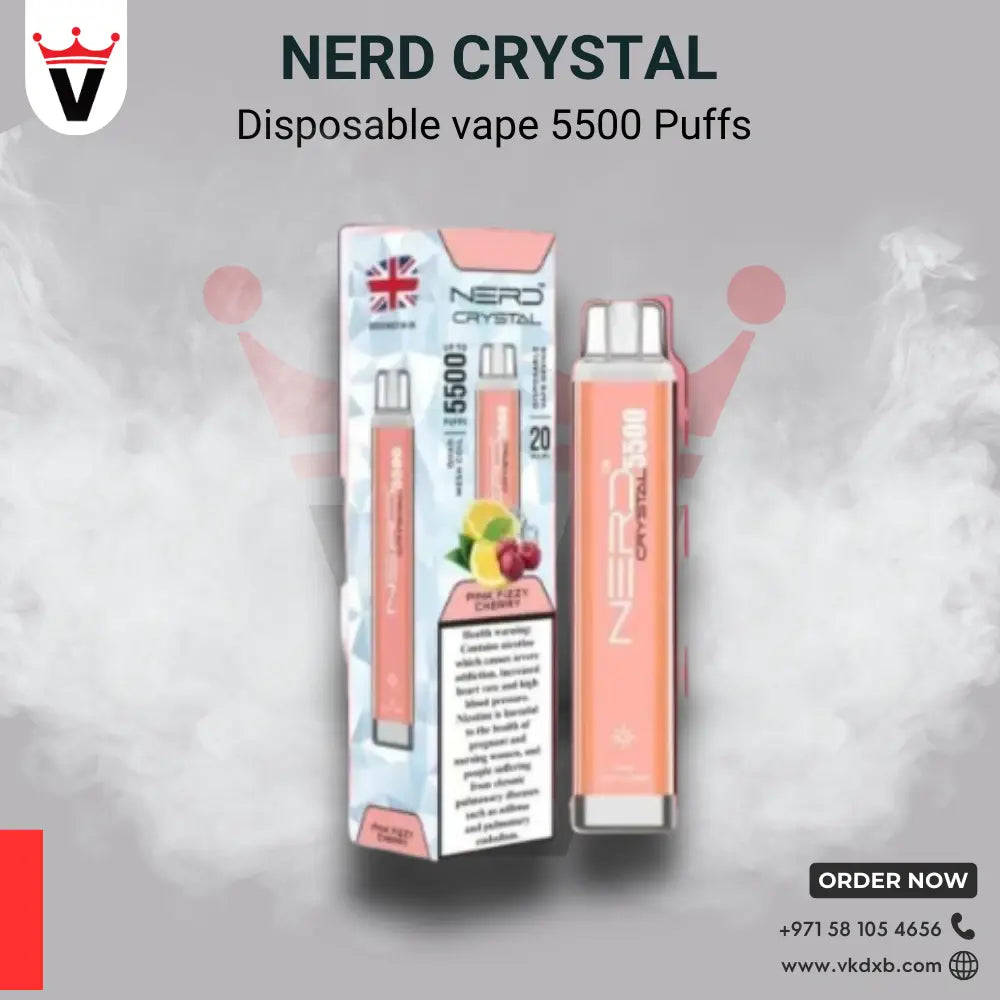 NERD Crystal disposable vape with 5500 puffs and pink packaging showcasing blackcurrant cherry flavor, available in Dubai