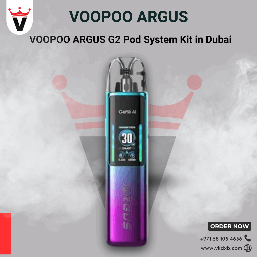 VOOPOO ARGUS G2 pod system kit in purple and blue with digital display, sleek zinc alloy design, available in Dubai.