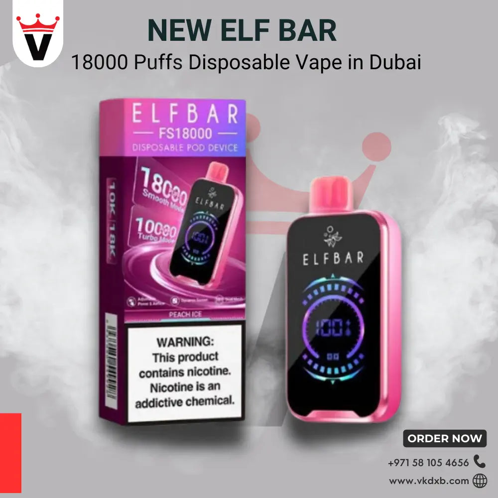 ElfBar 18000 Puffs disposable vape in pink with digital display and peach ice flavor packaging