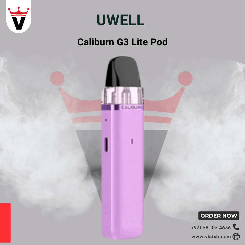 Uwell Caliburn G3 Lite 25W purple pod system with compact design and vape smoke background