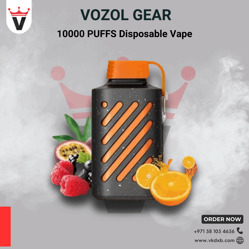 VOZOL GEAR 10000 puffs disposable vape with black and orange design, surrounded by mixed fruit images, promoting long-lasting, eco-friendly vaping device in Dubai.