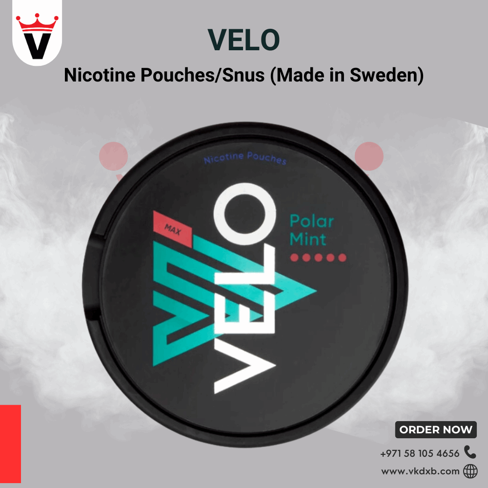 VELO Nicotine Pouches Polar Mint flavor nicotine pouch container in black packaging with Vape King DXB branding.