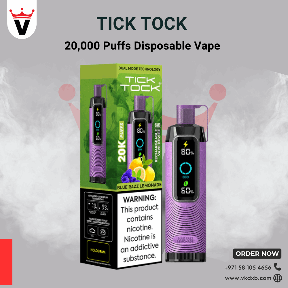 TICK TOCK 20000 PUFFS disposable vape with rechargeable battery and dual mesh coils in Blue Razz Lemonade flavor
