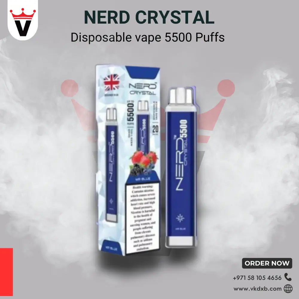 NERD Crystal disposable vape 5500 puffs in blue with packaging and UK flag, available in Dubai at Vape King dxb online store