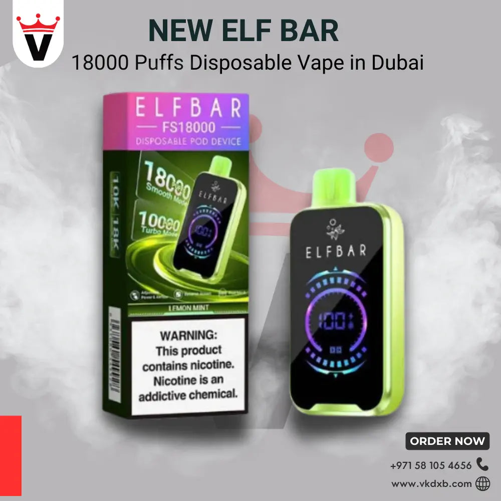 ElfBar 18000 Puffs disposable vape device with digital display and lemon mint flavor packaging in Dubai