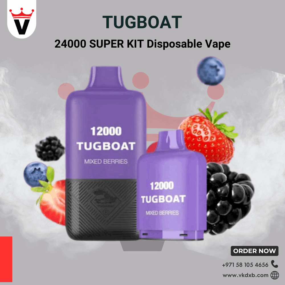Tugboat Super Kit 24000 puffs disposable vape with mixed berries flavor and dual pod system in purple color