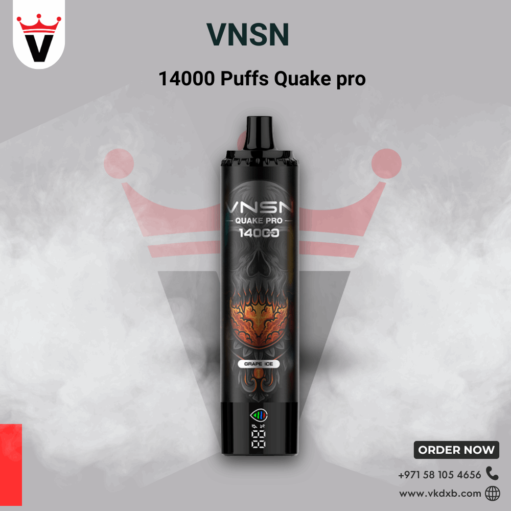 VNSN Quake Pro 14000 Puffs Disposable Vape in Grape Ice flavor with sleek black design and fiery graphics.