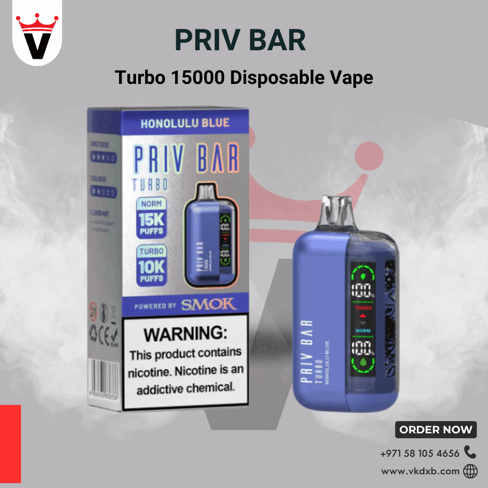 Priv Bar Turbo 15000 puffs disposable vape in Honolulu Blue with adjustable airflow and LED display.