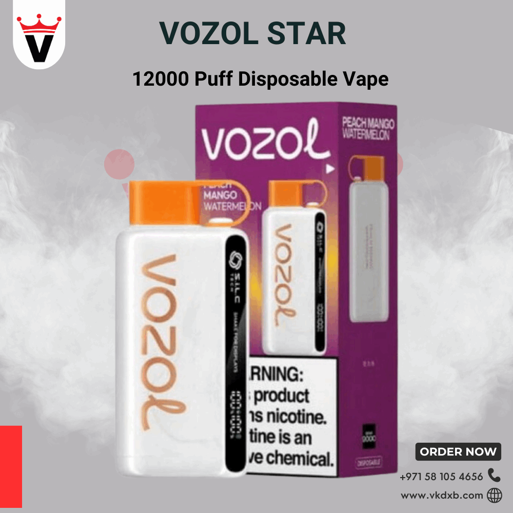 Vozol Star 12000 Puffs Disposable Vape with peach mango watermelon flavor and sleek marbling design in UAE