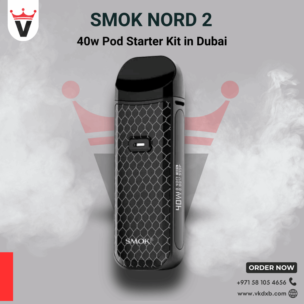 Smok Nord 2 40w pod starter kit black with honeycomb design and OLED display against smoky background