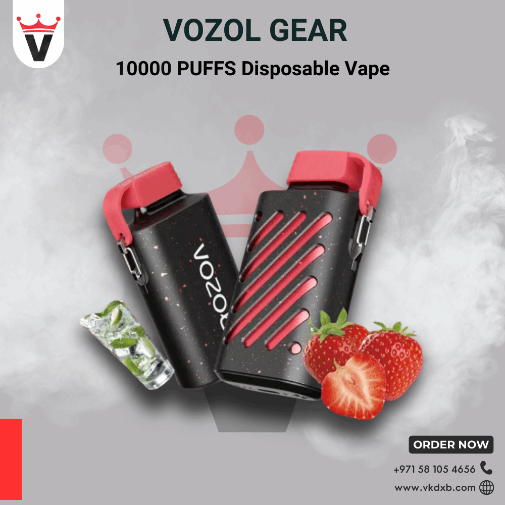 Black and red Vozol Gear 10000 Puffs Disposable Vape with strawberries and mint leaves on a smoky background